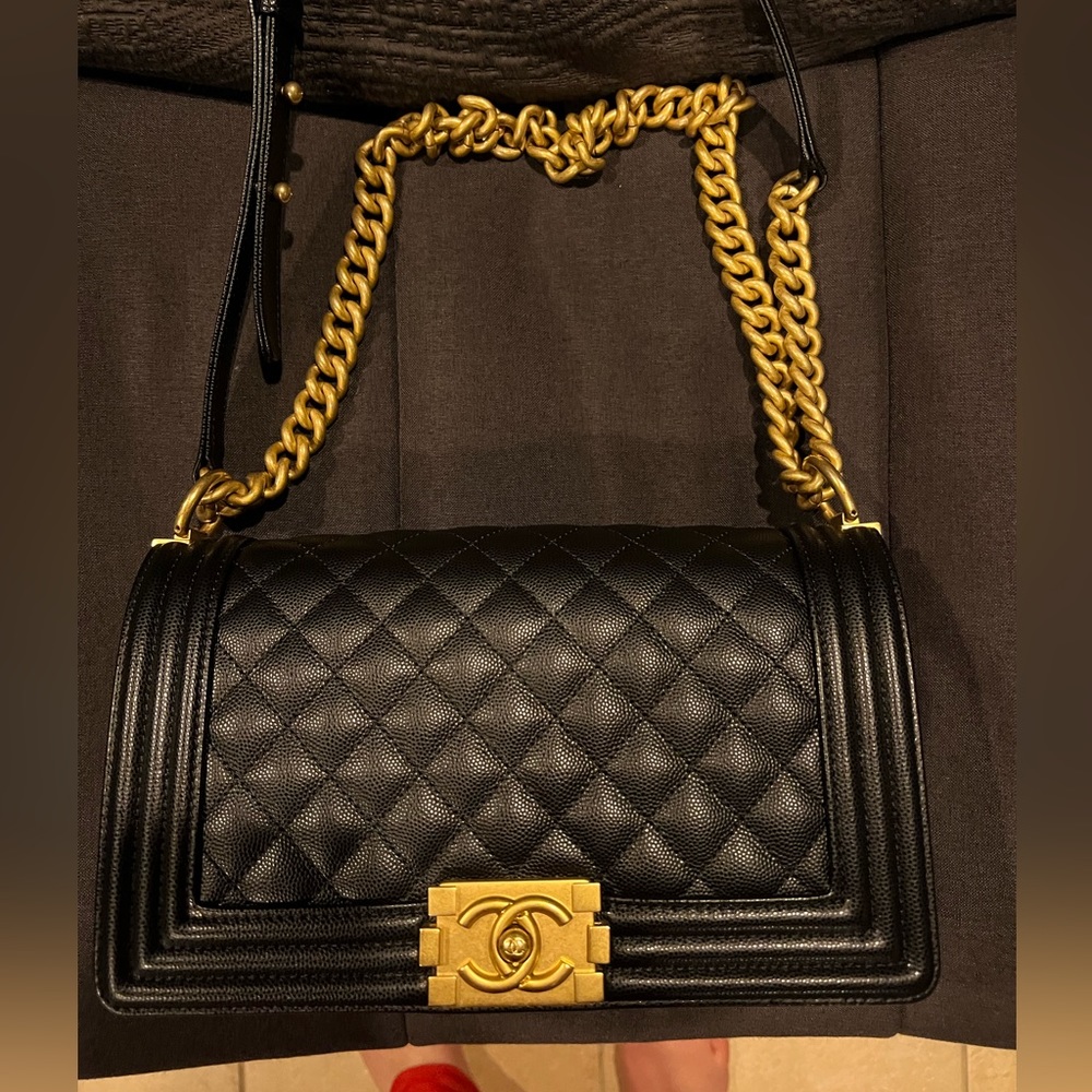 CHANEL Black Quilted Leather Boy Flap Bag with Gold Chain